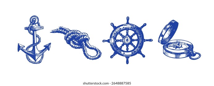 Sketch sea set of nautical design elements. Hand drawn vector illustration