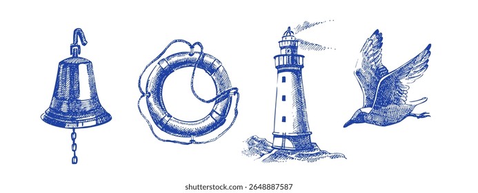 Sketch sea set of nautical design elements. Hand drawn vector illustration