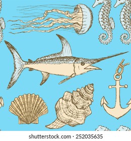 Sketch sea set in vintage style, vector
