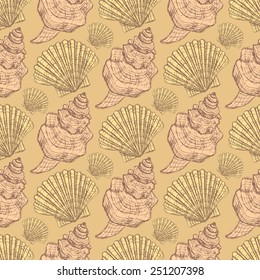Sketch sea shell in vintage style, vector seamless pattern 