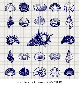 Sketch of sea shells vector illustration. Sea shell silhouettes set on notebook page