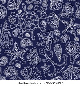 Sketch sea shells wheel anchor starfish vector monochrome seamless hand draw pattern texture background