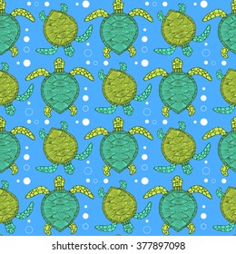 Sketch sea turtle pattern in vintage style, vector tile