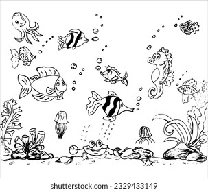 Sketch sea underwater world with marine inhabitants, hand drawn illustration. Flat style vector design template