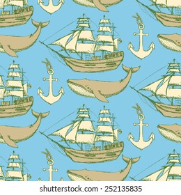 Sketch sea vintage style, vector seamless pattern 