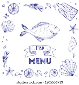 Sketch seafood frame vector illustration. Hand drawn. Hand drawn fish menu in Engraved style.