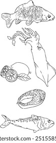Sketch seafood.  Hand drawn seafoods meal vintage set isolated