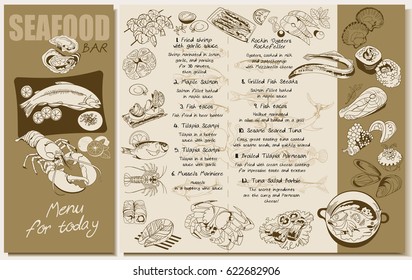 Sketch seafood restaurant menu template with marine meals dishes products and elements vector illustration