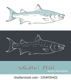 Sketch seafood vector on grey, black and white background vintage  illustration of salmon fish. Isolated object on white and grey background. Menu design. Vector illusstration ESP10