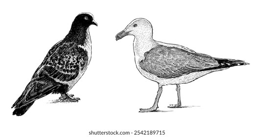 Esboço de aves de gaivota e pombo em pé e olhando, desenho à mão realista, ilustração vetorial