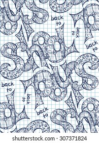 Sketch seamless background with text Back to school. Can be used for wallpaper, pattern fills, textile, web page background, surface textures. Vector illustration.