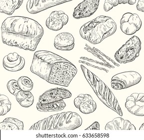 Sketch seamless bakery pattern, hand drawn vector illustration