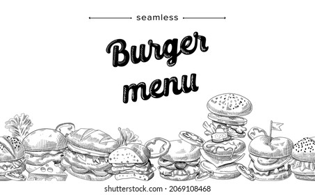 Esbozar el menú de hamburguesas sin foco. Hamburguesa a mano, hamburguesa de queso o comida rápida de Beefburger, aperitivo basura callejero americano clásico con carne y verduras, comida rápida de bistró. Ilustración de vectores lineales