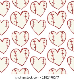  Sketch seamless pattern baseball for boys, girls. Hand-drawing, ball in the shape of a heart. Sports background for Valentines day.
