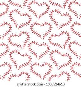 Sketch seamless pattern baseball. Hand-drawing, ball in the shape of a heart, lacing. Sports background for Valentines day.