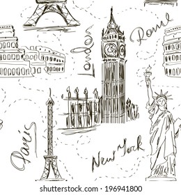 Sketch seamless pattern with Big Ben, Eiffel Tower, Colosseum and Statue of Liberty