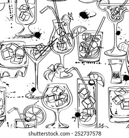 Sketch seamless pattern of cocktails on a white background