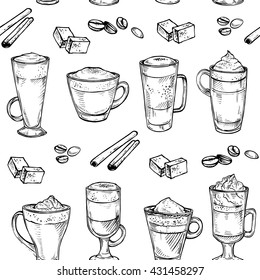 Sketch seamless pattern of Coffee kind drinking cup. Vector hand drawing illustration isolated on white background. Espresso, cappuccino, glace, latte, irish, mocha, coffee dessert