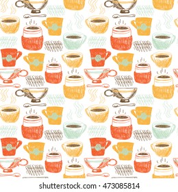 Sketch seamless pattern with coffee and tea cups, vector illustration