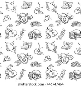 Sketch seamless pattern with fruits. Vector seamless background with ink hand drawn sketch isolated on white.