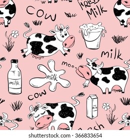 Sketch seamless pattern of funny cows and milk product on a pink background.