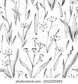 Sketch seamless pattern with hand drawn plants and herbs. Vintage background. Botanic grunge vector illustration in gray and black colors for fabric, wrapping paper, page fill