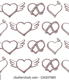 Sketch seamless pattern with hearts, pearls, bird and wings