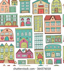 Sketch seamless pattern of houses in doodle style. Vector illustration.