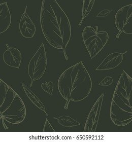 Sketch Seamless Pattern of Mix Leaves Dark Green