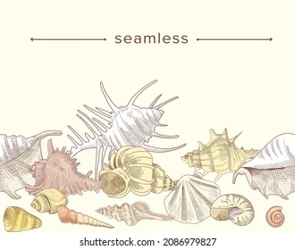 Sketch Seamless Pattern with Sea Shells, Mollusk Conch on White Background. Engraved Design of Seashells Marine Clam or Shellfish Underwater Creatures, Doodle Border. Linear Vector Illustration