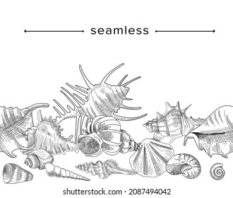 Sketch Seamless Pattern with Sea Shells, Mollusk Conch on White Background. Engraved Design of Seashells Marine Clam or Shellfish Underwater Creatures, Doodle Border. Linear Vector Illustration