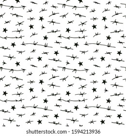 Sketch seamless pattern with stars and barbed wire on a white background for May 9, Victory Day. Military background.