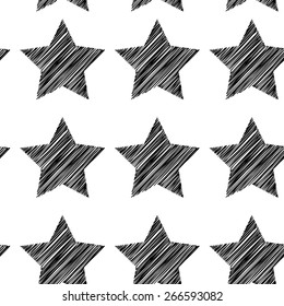 Sketch seamless pattern with stars. Black stars on white background. Vector