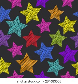 Sketch seamless pattern with stars. Red green orange pink lilac blue stars on black background. Vector