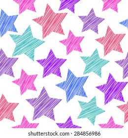 Sketch seamless pattern with stars. Red pink lilac blue stars on white background. Vector