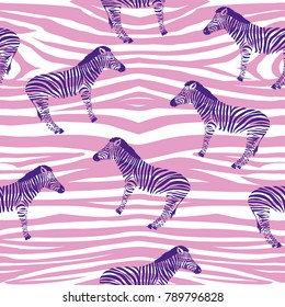 Sketch Seamless pattern with wild animal zebra print, silhouette on white background. Vector illustrations. Wild African animals.