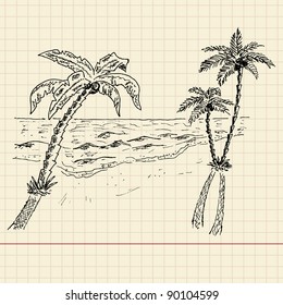 Sketch of seascape on school paper, vector illustration, eps10