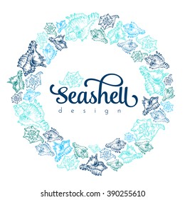 Sketch seashell card template background. Vector illustration for your design