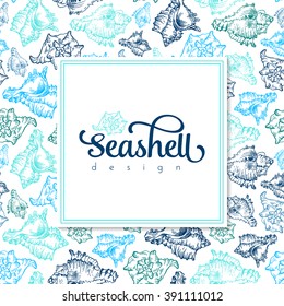Sketch seashell card template background. Vector illustration for your design