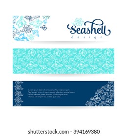 Sketch seashell card template background. Vector illustration for your design