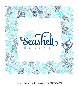 Sketch seashell card template background. Vector illustration for your design