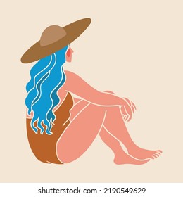 sketch seated woman in swimsuit   hat  Vector illustration