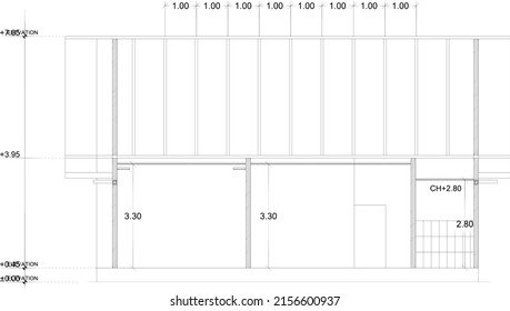 sketch of a section of a building with a light steel roof with a light steel spacing of one meter