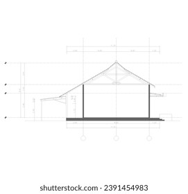 sketch section of the building to see the wooden roof construction sketched with a grid and dimensions
