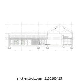 sketch of a section of a building with a stone foundation construction and a wooden roof truss, sketched with elevation and dimension