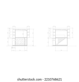 sketch section of buildings and houses with the concept of a tiny house