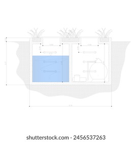 Sketch section of the construction of a swimming pool tank filter which is underground and above which there are plants