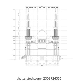 sección de boceto de la gran mezquita para ver el interior y la construcción del edificio