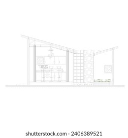 sketch of a section of the open terrace and backyard with a pantry and dining table