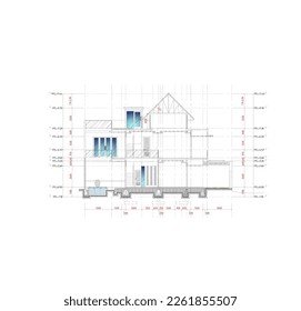 sketch of a section of a residential house in a sketch with elevation and dimensions